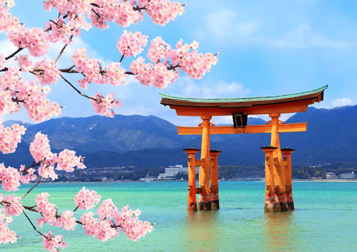 The 'floating' torii gate of Itsukushima Shinto Shrine on Miyajima Island, appearing to float on water during high tide.