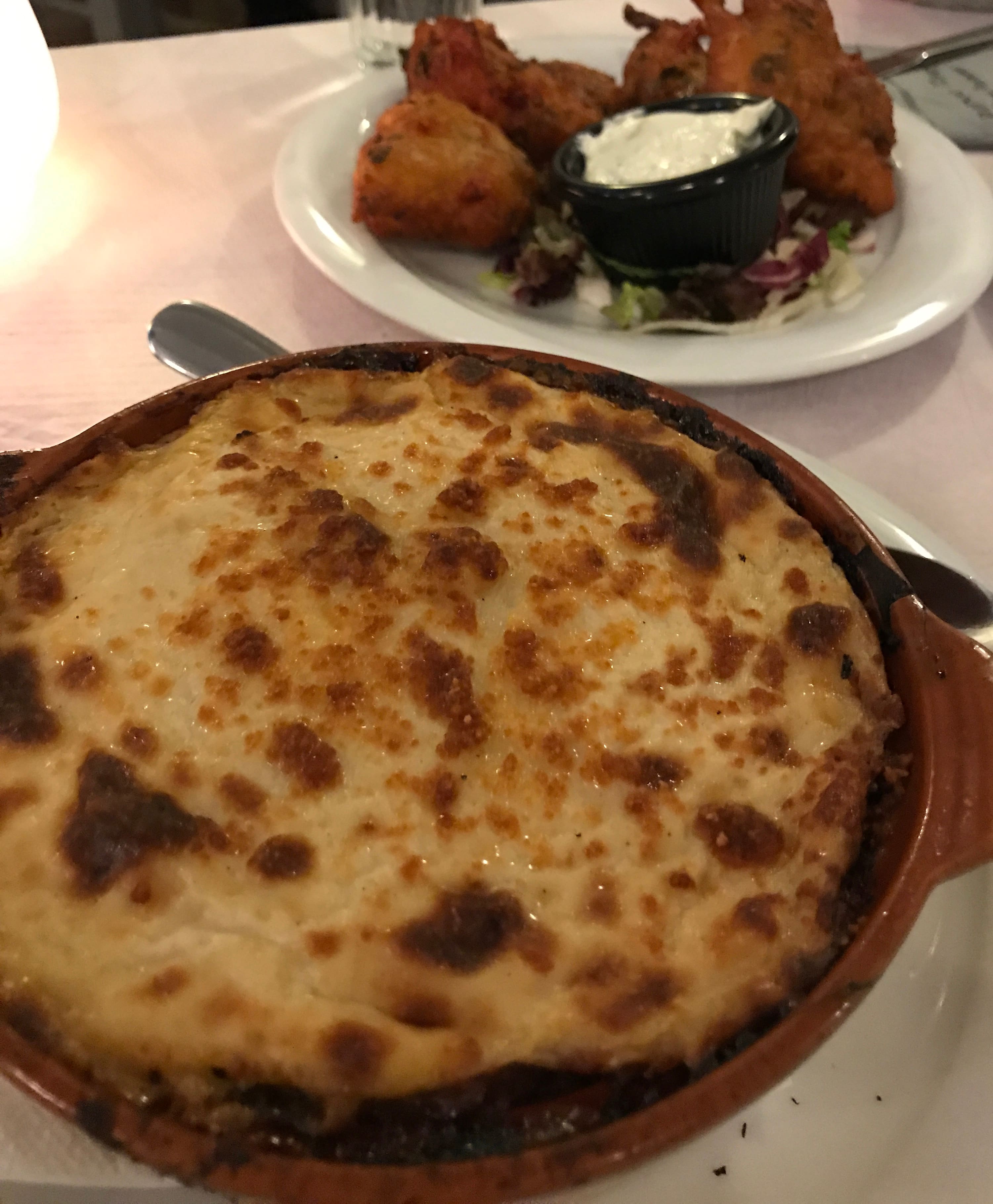 Moussaka & Tomatokeftedes (Fried Santorini tomato Fritters) with tzatziki.JPG